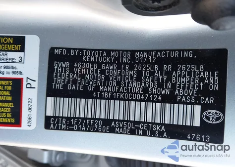 2012 Toyota Camry Se z USA, uszkodzony, nr VIN 4T1BF1FK0CU047124